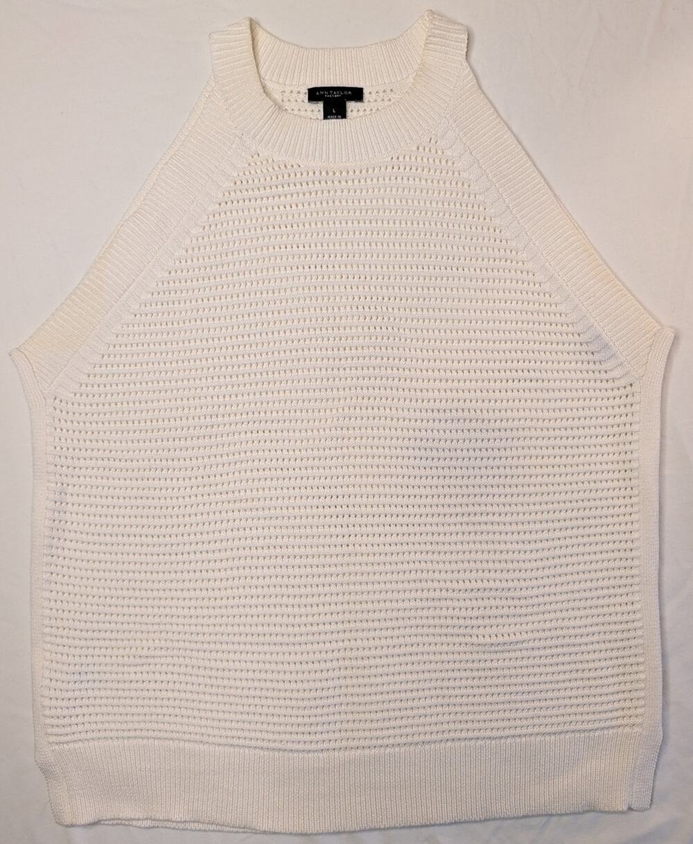 Ann Taylor Halter Neck Knit Tank Top Sz L Cream Layering Coastal Basics Classic
